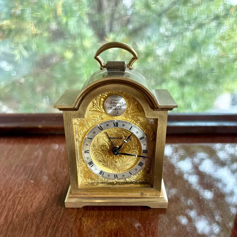 Vintage Swiza Swiss Brass Alarm Clock Tempus Fugit Mantel Clock